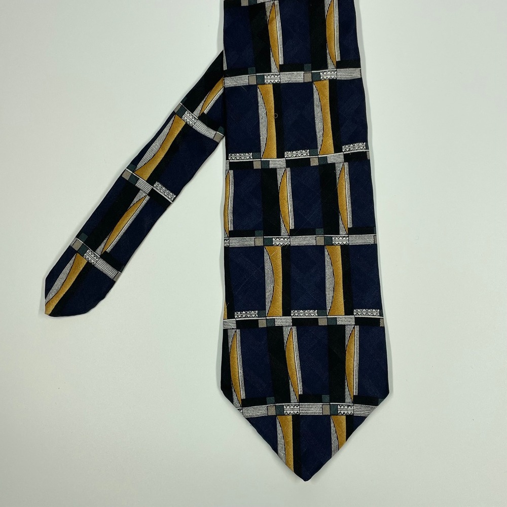 Como Collezione Navy Gold Geometric Silk Necktie Men One Size